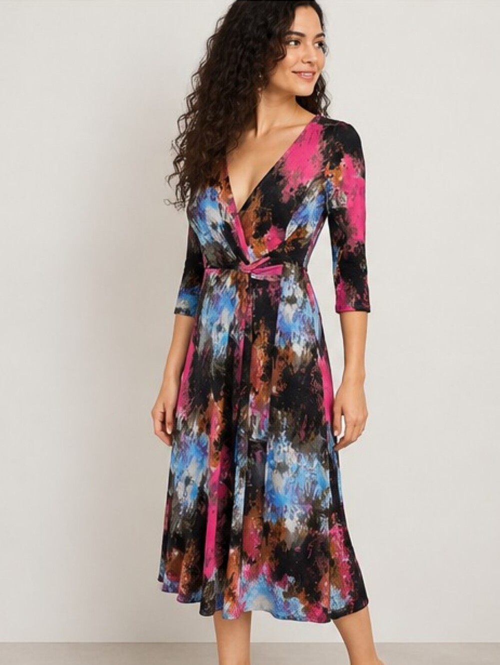 Ariella Deep V-neck, 3/4-sleeve, Midi Wrap Dress in Abstract Pink & Blue - Sz Sm